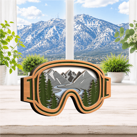 Layered Mountain Ski Goggles Scene Shelf Sitter