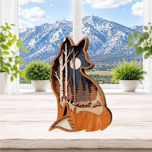 Layered Woodland Fox Moonlight Scene Shelf Sitter