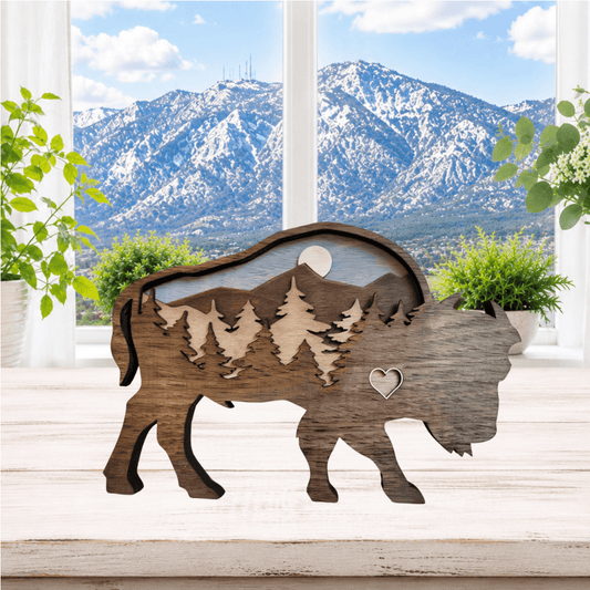 Layered Colorado Bison Mountain Scene Shelf Sitter