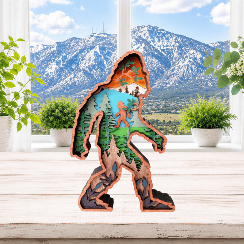 Layered Bigfoot Mountain Scene Shelf Sitter
