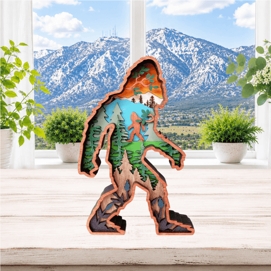 Layered Bigfoot Mountain Scene Shelf Sitter