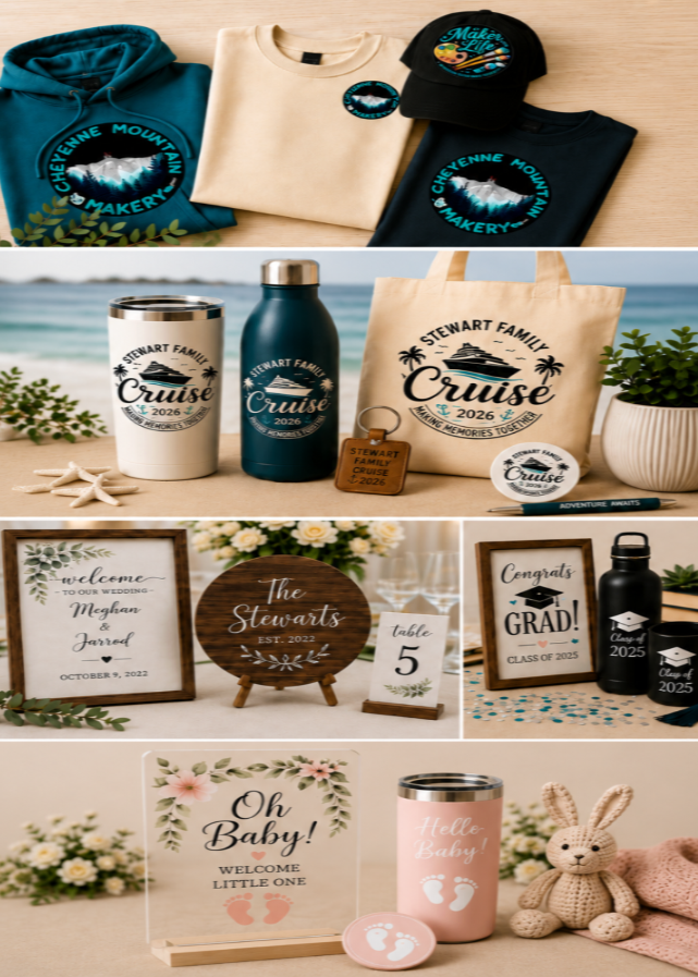 A collage of coordinated travel-themed merchandise and stationery items, including a teal hoodie, cream and black T-shirts, a black cap, insulated tumblers, a canvas tote bag, framed signs, a baby bunny plush, and small decor accessories arranged on a light neutral background.