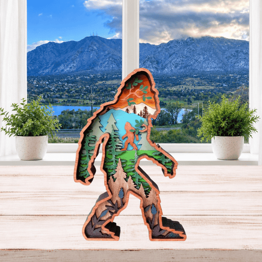 Layered Bigfoot Mountain Scene Shelf Sitter