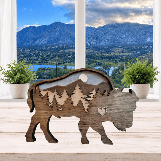 Layered Colorado Bison Mountain Scene Shelf Sitter