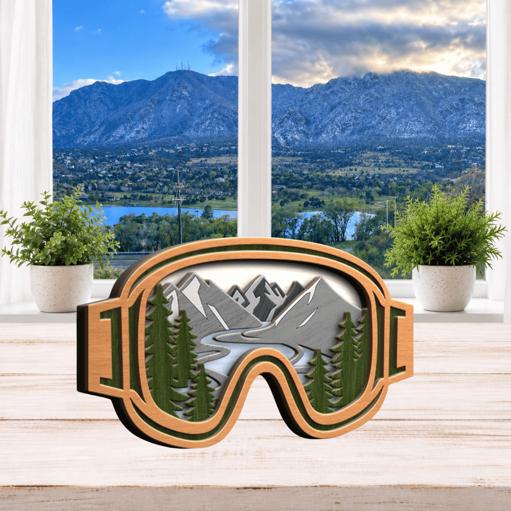 Layered Mountain Ski Goggles Scene Shelf Sitter